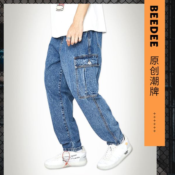 

men's jeans beedee leisure male relaxed joker more pockets of fund 2021 autumn han edition washed pants, Blue