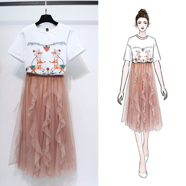 

2019 с коротким рукавом марлевая юбка женщина два бумажный костюм платье женщина тонкий т жалость костюм юбка, White;black