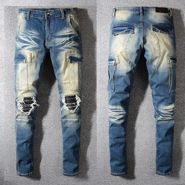 

italy style dsqpleind2 men's distressed ribbed cargo pants holes patches washed washed blue skinny jeans slim trousers 28-40