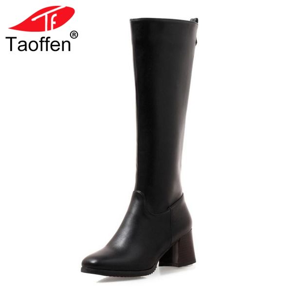 

taoffen size 32-46 women knee high boots warm fur zipper thick heel boots elegant mature shoes woman winter footwear, Black