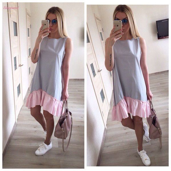 

2020 casual loose patchwork sleeveless ruffles o neck mini dress fashion women summer dresses vestidos drop shipping, Black;gray