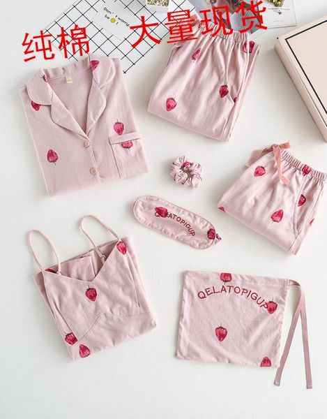 

seven stacked pink strawberry cotton pajamas women long sleeve the spring and autumn period and the han edition student summer s, Black;red