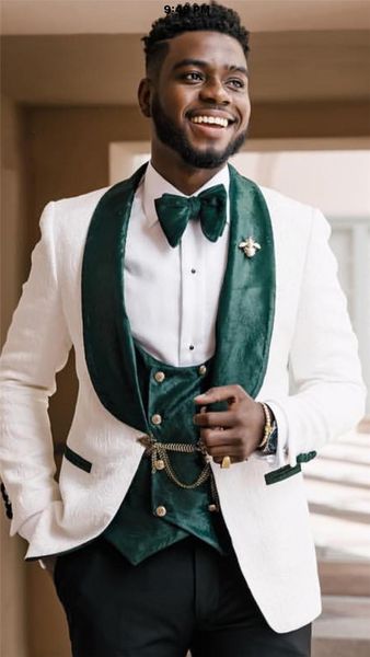 Weißer Paisley-Bräutigam-Smoking mit grünem Samtkragen, 3-teiliger Trauzeugen-Hochzeitsanzug, beliebter Herren-Business-Abschlussball-Jacken-Blazer 16
