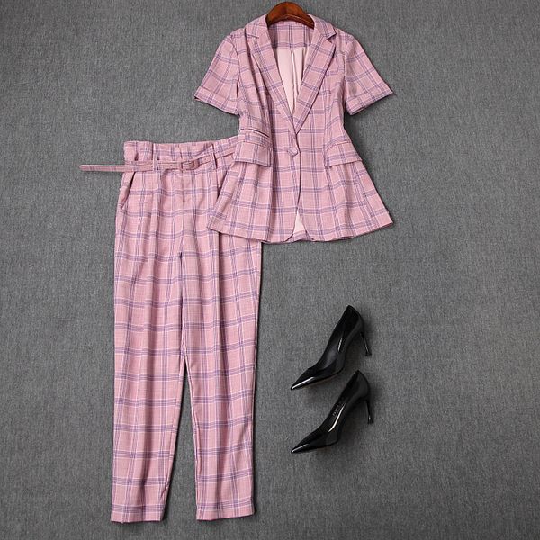 

europe 2020 summer fashion plus size office plaid printed short sleeve pink suit and matching pants 2 pieces women set outfit, White