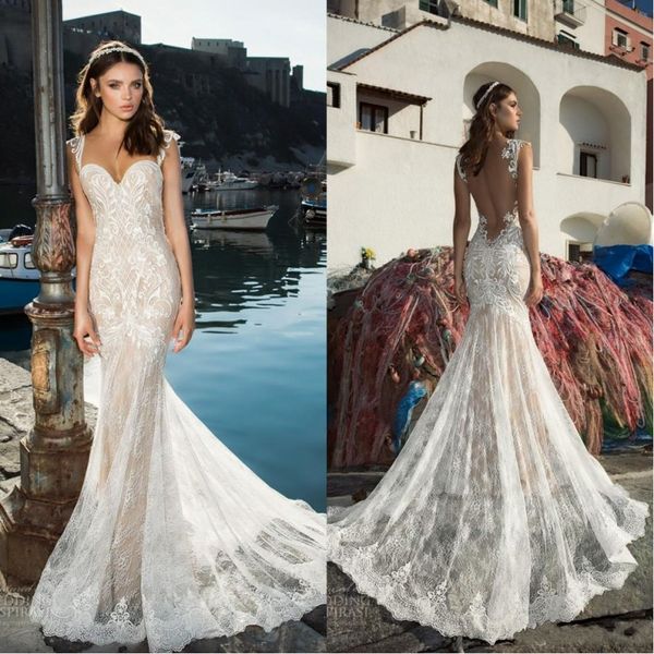 

2019 vintage julie vino mermaid wedding dresses lace spaghetti straps illusion back champagne lining custom made bridal gown, White