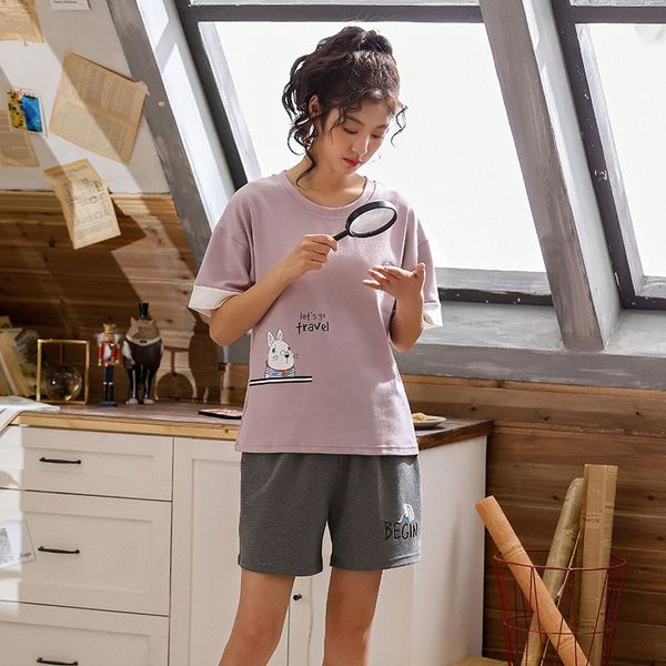 

women's letter pineapple print pajamas two-piece cotton home service short-sleeved shirt shorts sleepwears sets, Blue;gray