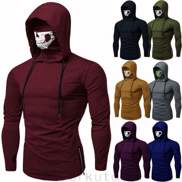 

men's t-shirts 2021 casual solid color mens gym thin hoodie long sleeve hoodies with mask skull hooded t-shirt, White;black