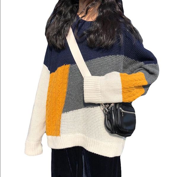 

new women's round neck long sleeve color matching sweater, White;black