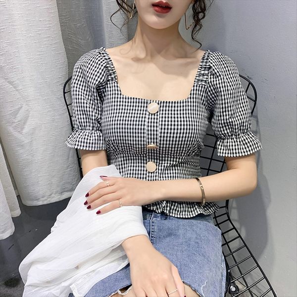 

2020 xia gang style plaid square collar shirt shirt short coat women's design sense niche light style slim short coat, White