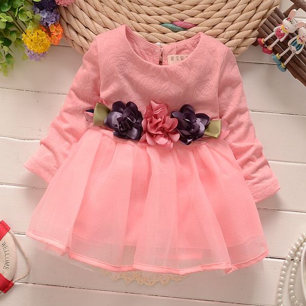 

cysincos princess sweet dress for girl flower decoration long sleeve kids dress autumn cotton baby mesh children clothes, Red;yellow