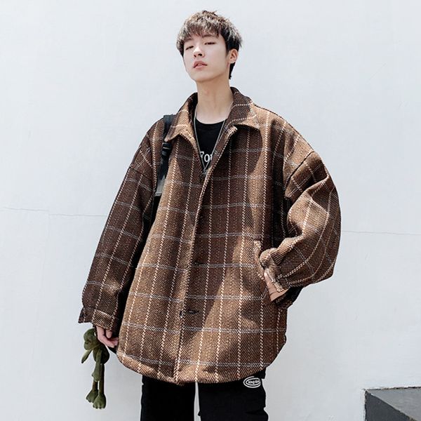 

autumn plaid jacket men's fashion retro casual lapel jacket man streetwear wild loose hip hop bomber male outwear m-2xl, Black;brown