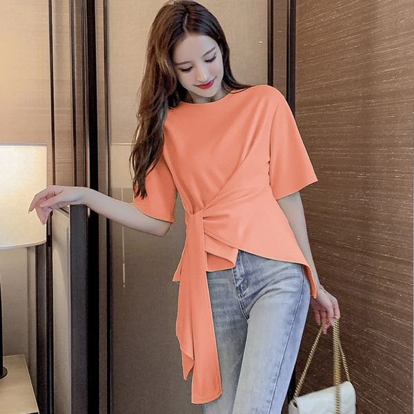 

2020 temperament slim versatile short-sleeved t-shirt t-shirt women's cross lace small machine slim top, White