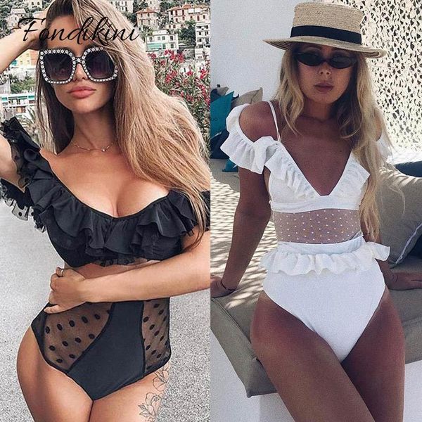

2019 high waist swimsuit women ruffle one piece swimwear female solid bikini lace bathing suit beach wear swim biquini y19072401, White;black