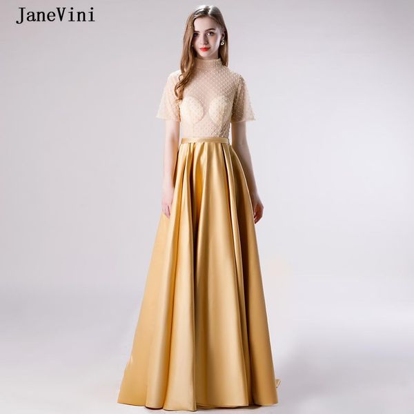 

janevini elegant a line gold long prom dresses 2019 high neck short sleeve beaded sheer back satin formal dress vestidos de gala, White;black