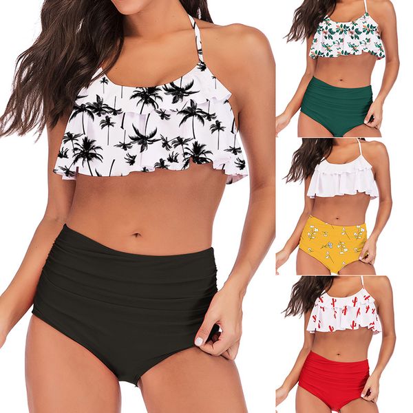 

новый плиссированные рябить бикини женщины цветочные печати высокой талией сплит купальник мути цвета леди купальники опт, White;black