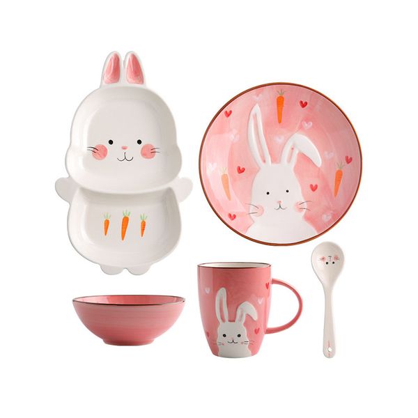 Cartoon Pink Rabbit Set di stoviglie in ceramica per bambini Bambini Toddler Baby Dipinto a mano Vassoio di alimentazione per animali Piatto Ciotola Tazza Cucchiaio