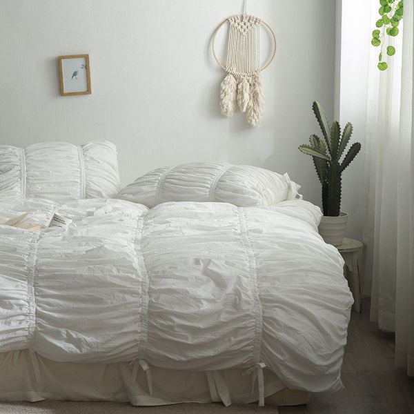 

bedding sets 4pcs/set korean style white red cotton% set pillowcase duvet cover bedsheet/fitted sheet with elastic pleated bed