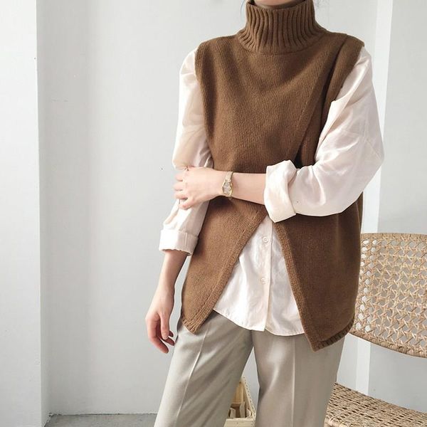 

2019 new women korea solid coltrui depth point vest mandarin kraag slit mouwlless casual herfst winter trui vest, Black;white
