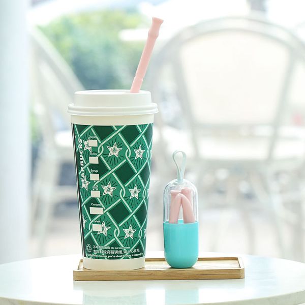

4pcs foldable straw reusable collapsible silicone straw with case cleaning brush mf