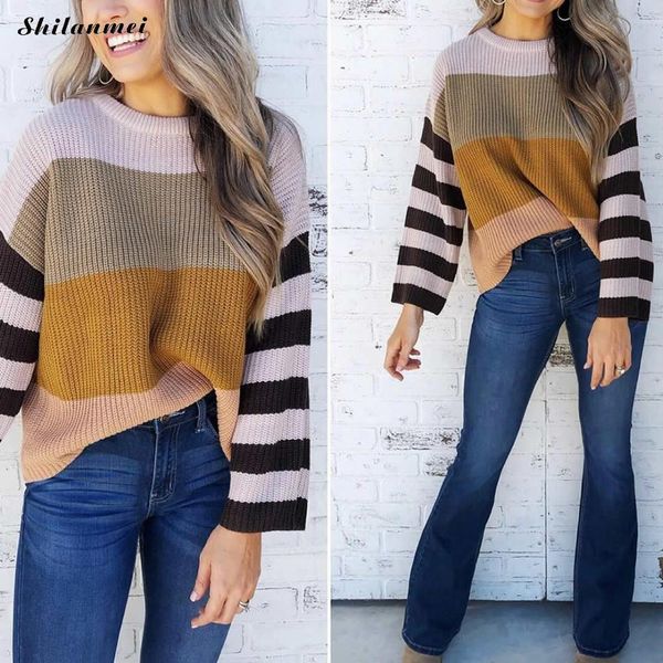 

autumn winter sweater women fashion stripe knitting sweater casual long sleeve loose pullovers women o-neck knitwear top, White;black