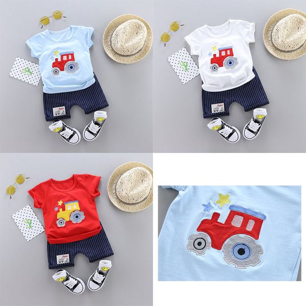 

2019 trend style summer cotton round collar tractor pattern with short sleeve and shorts two pieces for boys and girls, White