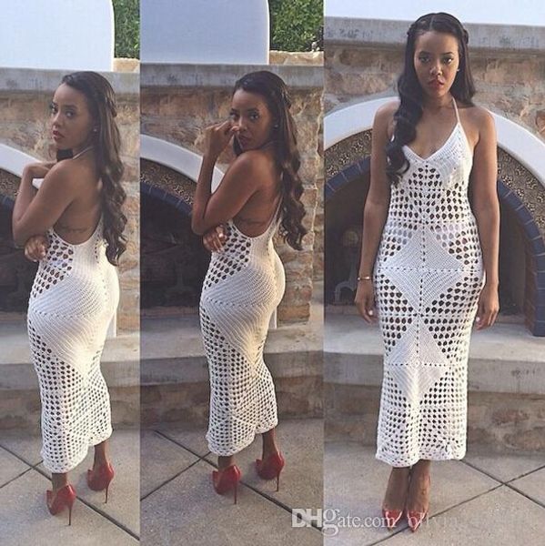 

womens vintage white black crochet maxi dress new summer hollow out spaghetti strap knitting celebrity long bandage midi bodycon dress, Black;gray