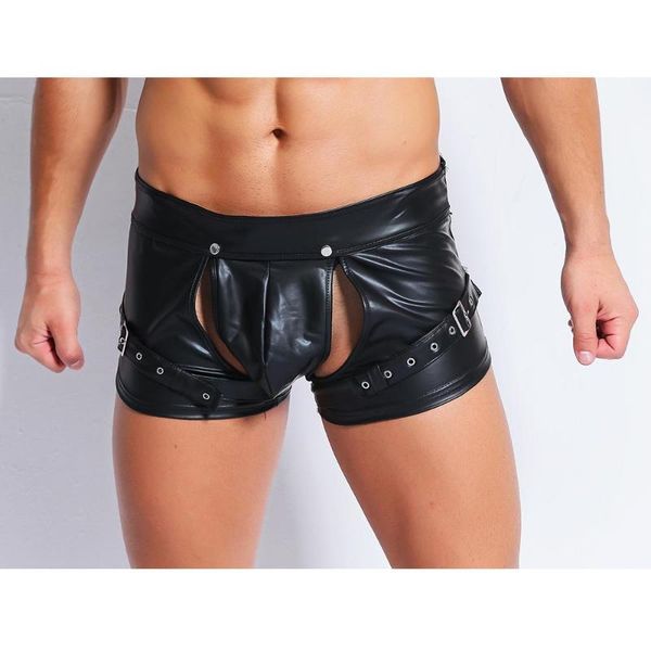 

underpants male erotic open crotch leather boxershorts men crotchless boxer homme gay fetish club pole dance wet look shorts, Black;white