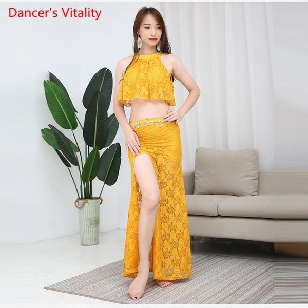

women belly dance competition set summer lace slit dress two-piece suit dance costume costume skirt 2pcs, Black;red