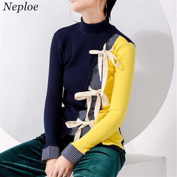 

neploe color patchwork lace up women sweater turtle neck knitted feamle pullover 2019 autumn winter new chic sueter mujerr 68782, White;black