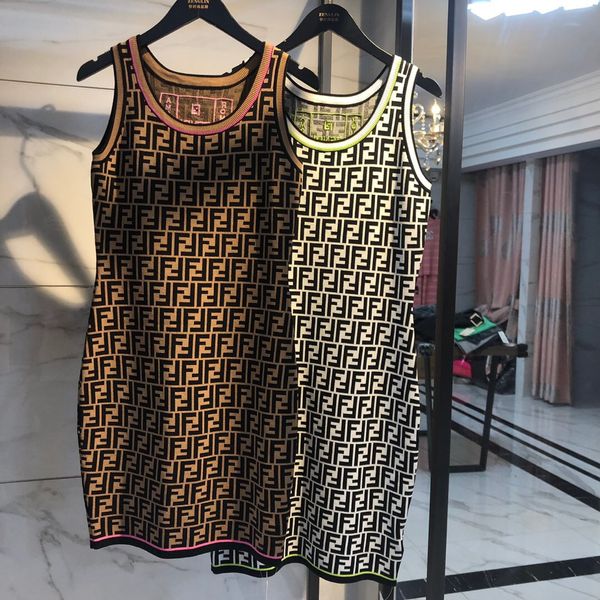 

2020 new women's o-neck sleeveless bodycon slim waist letter jacquard ice silk knitted tunic dress short tank dress s  l, Black;gray