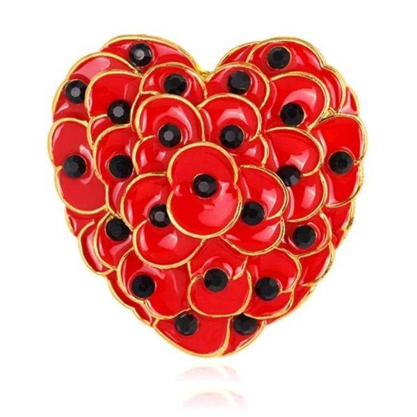 

gold tone red enamel black crystal heart shape poppy brooch, Gray