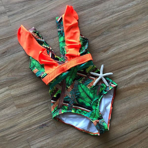 

2019 print one piece swimsuit women ruffle swimwear deep v monokini bodysuit backless bathing suit beach wear high cut swim suit, White;black