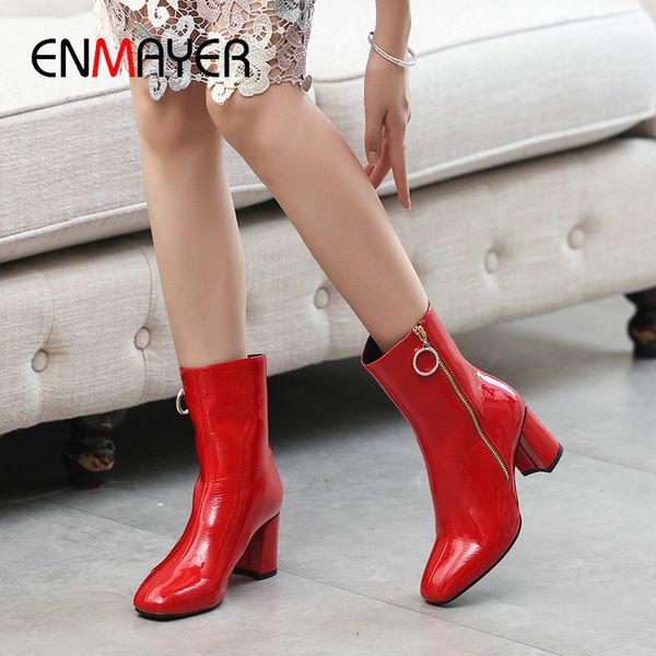 

enmayer 2020 patent leather shoes woman basic square heel zip round toe high heel boots short plush ankle boots for women 34-42, Black