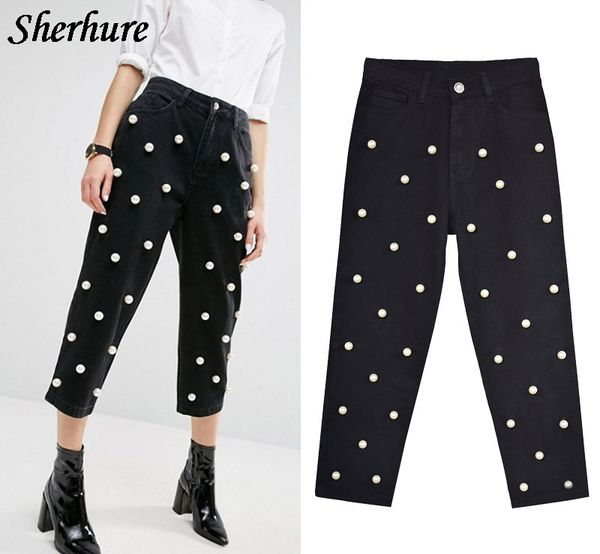 

2018 women calf-length pants zipper high waist denim pants solid beading straight women trousers casual streetwear jeans, Blue