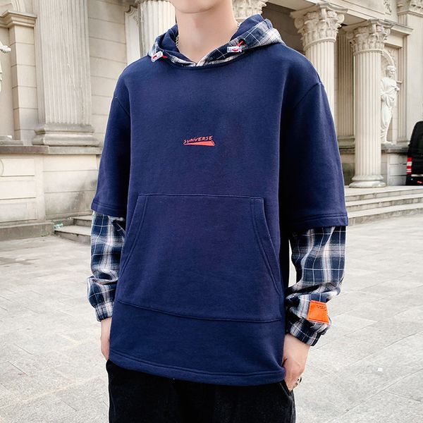 

плед шить с длинным рукавом куртка мужская свободная одежда тренд с капюшоном с капюшоном карманный свитер, Black