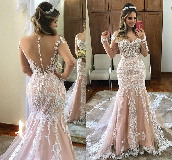 

elegant mermaid wedding dresses sheer neck sweep train illusion bodice appliques lace bridal gowns vestidos de novia customized b44, White