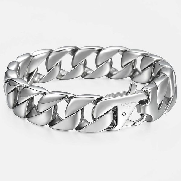 

14mm men's bracelet silver color 316l stainless steel round curb cuban link chain bracelets male jewelry gift for men, Black