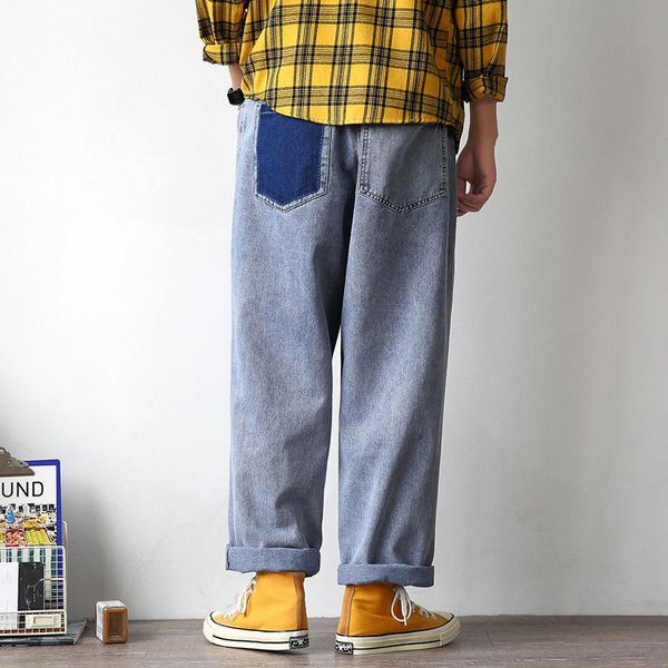 

2020 men's loose baggy homme casual pants cargo pocket wash jeans straight pants biker denim blue color trousers big size -5xl