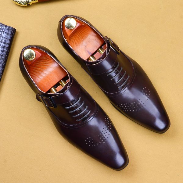 

genuine leather shoes men's shoes retro brogues carved dress breathable men formal, Black