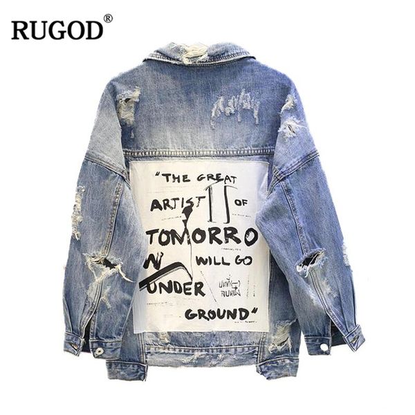 

rugod 2018 new vintage letter print frayed jean jacket women autumn winter ripped hole denim coat female bomber jackets casaco, Black;brown