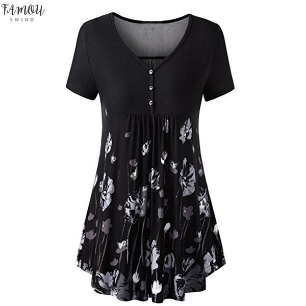 

stylish bar womens blouses short sleeve and summer autumn printed v neck button front flared comfy loose tunic long blouses, White