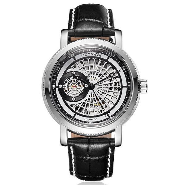 mens watches ouyawei 2018 automatic mechanical watch men black leather business waterproof fashion sport watch, Slivery;brown