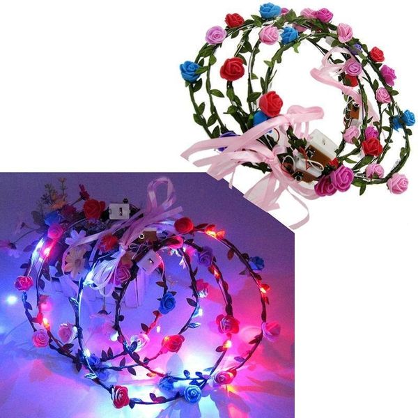 

fashion led flashing rose flower festival headband veil wedding light-up floral garland hairband daughter gift, Blue;red