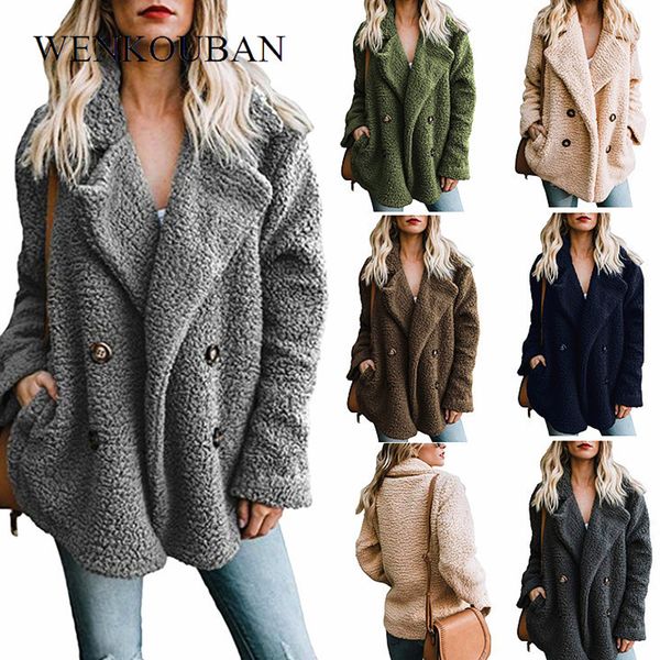 

winter teddy coat women warm faux fur coats female fluffy jacket plus size long sleeve plush fur overcoat fourrure femme 5xl, Black