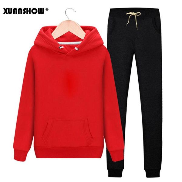 

женские спортивные костюмы 2019 осень зима сплошной цвет спортивная одежда толстовки+длинные брюки из двух частей комплект женский хлопок на, White