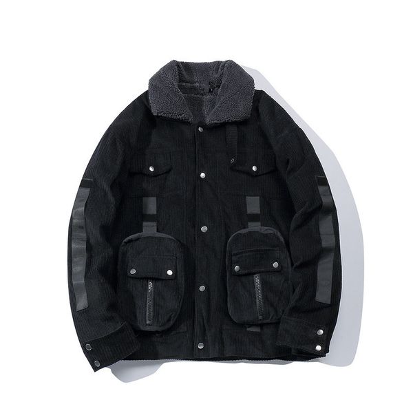 

2019 european and american korean-style corduroy lamb wool liner oversize national fashion pocket function cotton jacket outside, Black;brown