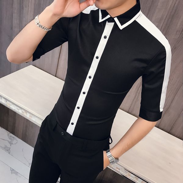 

men shirt brand new 2019 summer half sleeve shirt men patchwork color slim fit mens casual shirts formal wear 3xl, White;black