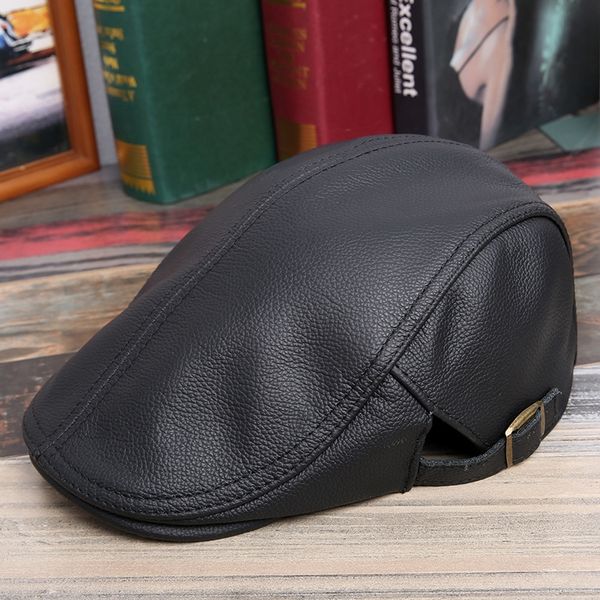 

genuine leather hat men's seasonal warm layer cowhide warm beret cap outdoor leisure beret middle-aged and elderly single hat, Blue;gray