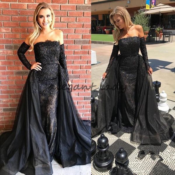 

Sexy Black Lace Evening Dresses 2018 Elegant Tulle Long Party Prom Gowns with Detachable Overskirts Arabic Party Dresses