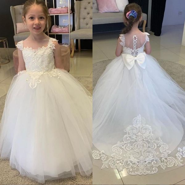 

lace tulle sleeveless flower girls dresses for wedding covered button sweep train bow little girls pageant dresses with appliques, White;blue